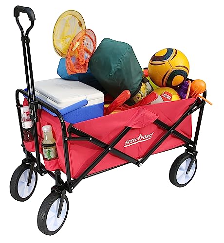 SPEEDFORCE Collapsible Folding Wagon, Utility Beach Wagon Cart, Side Pockets and Adjustable Handlebar, All Terrain Stroller Wagon for Outdoor Activities, Camping, Garden. Red