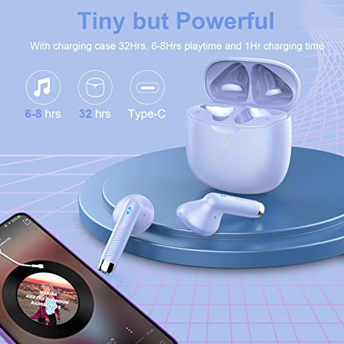 Wireless Earbuds, Bluetooth 5.3 Headphones in Ear with Noise Cancelling Mic, Earbuds Stereo Bass, IP7 Waterproof Sports Earphones, 32H Playtime USB C Charging Ear Buds Purple for Android iOS