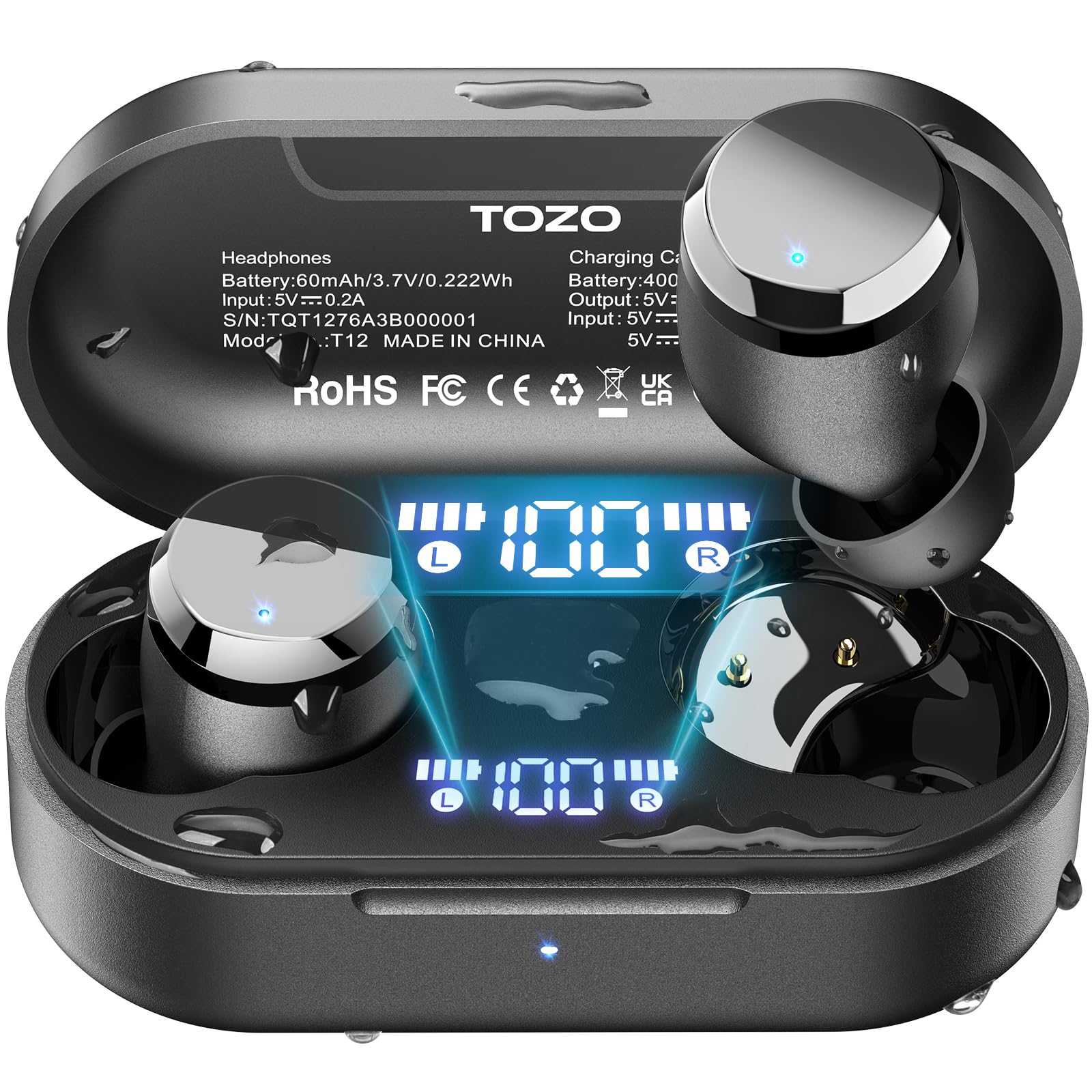 TOZO T12 (Compact Ergonomic Edition) Wireless Earbuds Bluetooth 5.3 Headphones, Call ENC Noise Cancelling Mic, 55Hrs Playtime App Customize EQ IPX8 Waterproof LED Digital Display Premium Sound Headset