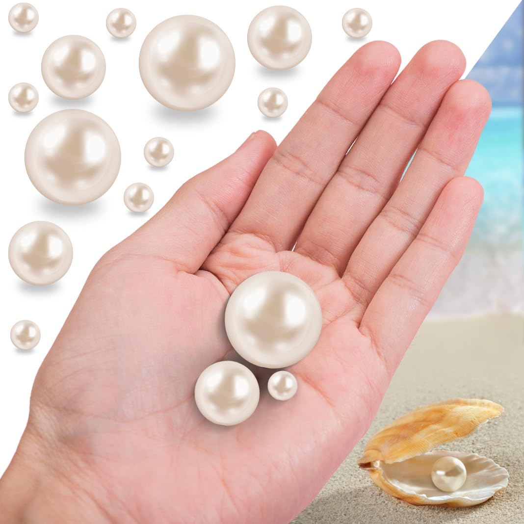 Cusmation 150 Pcs Floating Vase Filler Pearl and 800 Pcs Clear Water Beads for Vases, Cream Pearls for Vases No Hole Cream Pearl Beads Cream Vase Filler Table Scatter Wedding Birthday Party 8/14/20 mm