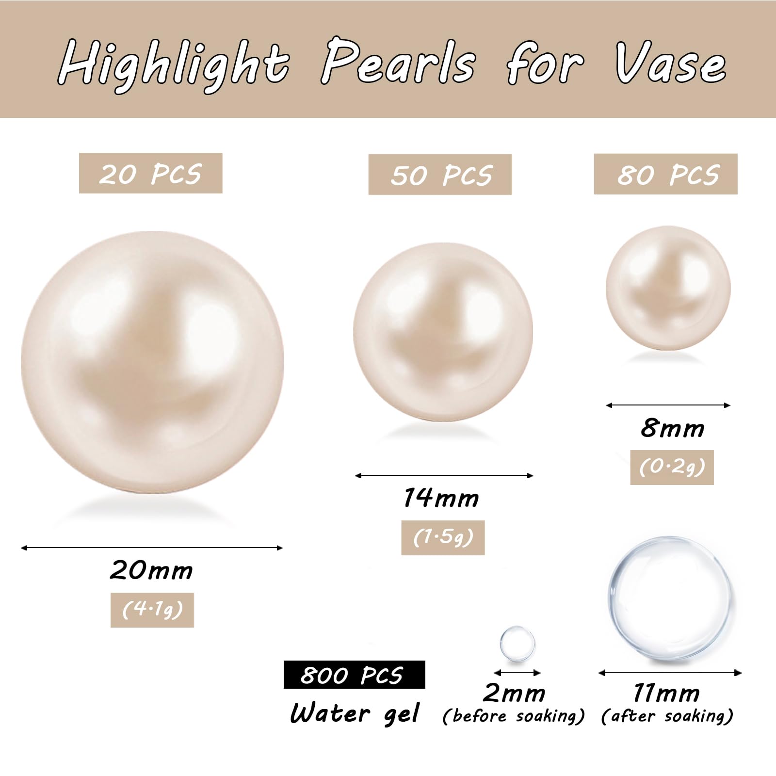 Cusmation 150 Pcs Floating Vase Filler Pearl and 800 Pcs Clear Water Beads for Vases, Cream Pearls for Vases No Hole Cream Pearl Beads Cream Vase Filler Table Scatter Wedding Birthday Party 8/14/20 mm