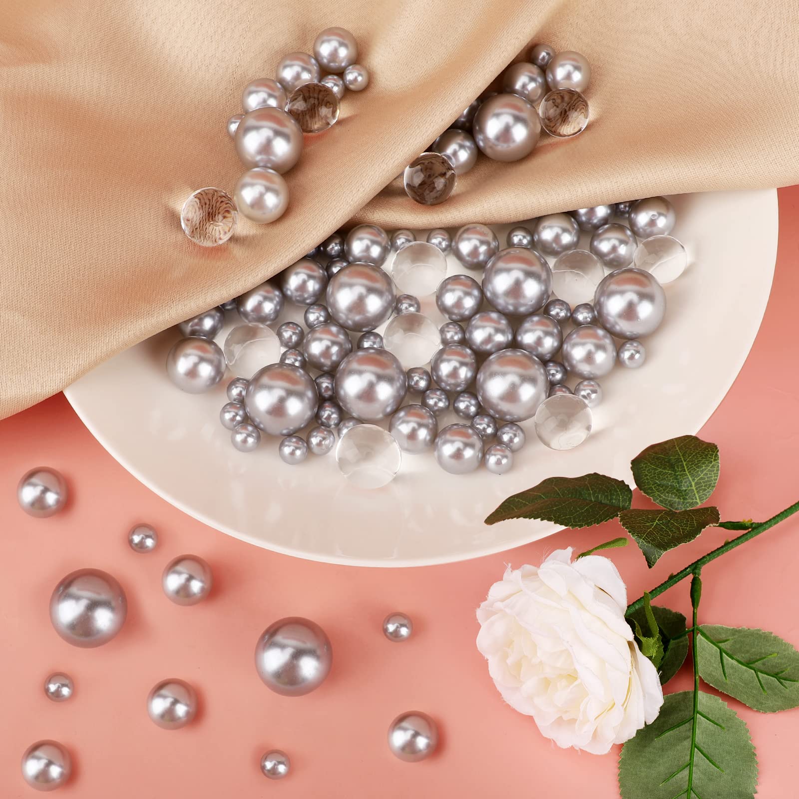 SUREAM Silver Floating Beads for Vase Filler, 250PCS 8/14/20mm Beads with 2300PCS Clear Water Gel Beads, Mix-Size Round Wedding Decorative Pearls for Table Centerpiece, Floral, Party, Valentine's Day