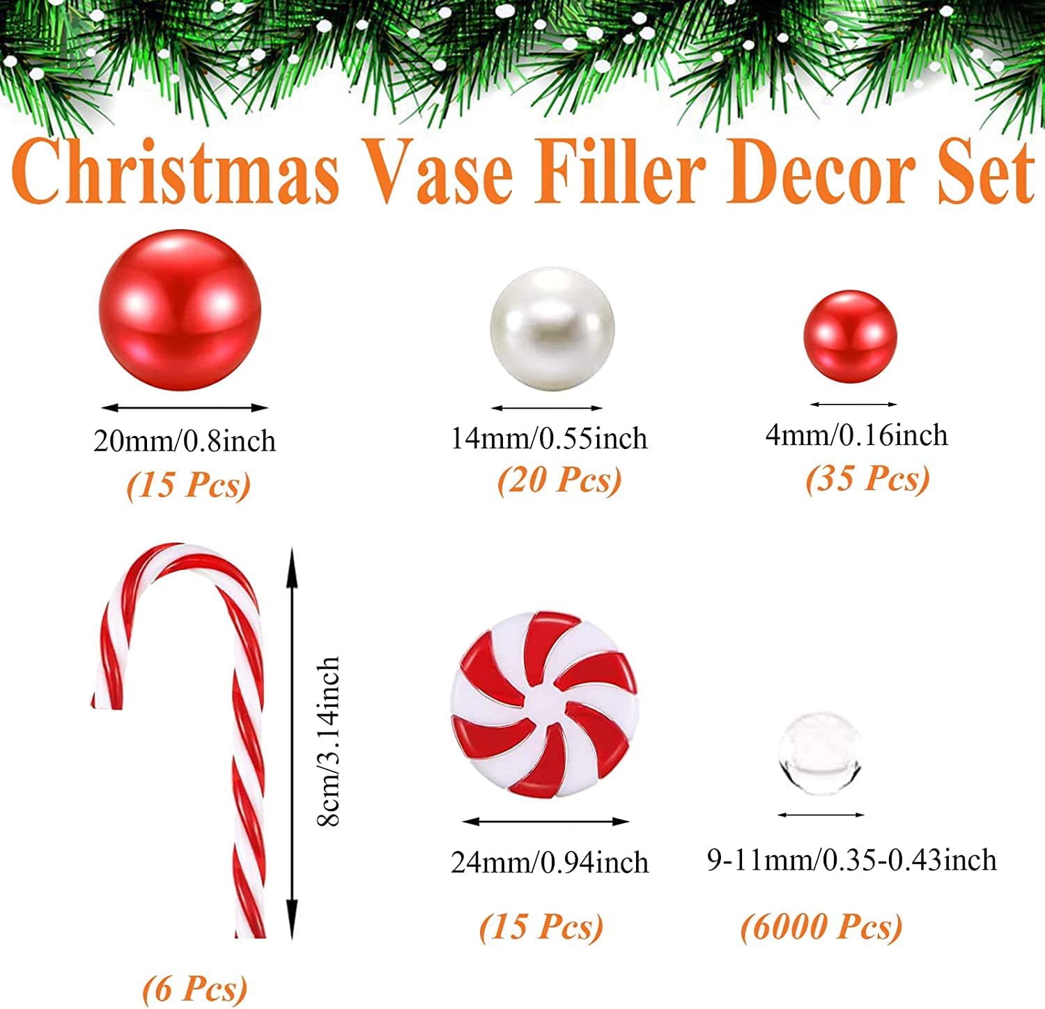 Cqueni Christmas Vase Filler 10091 PCS Red White Floating Pearls Vase Filler Beads Water Beads Candy Cane Christmas Vase Filler for Holiday Party Decor