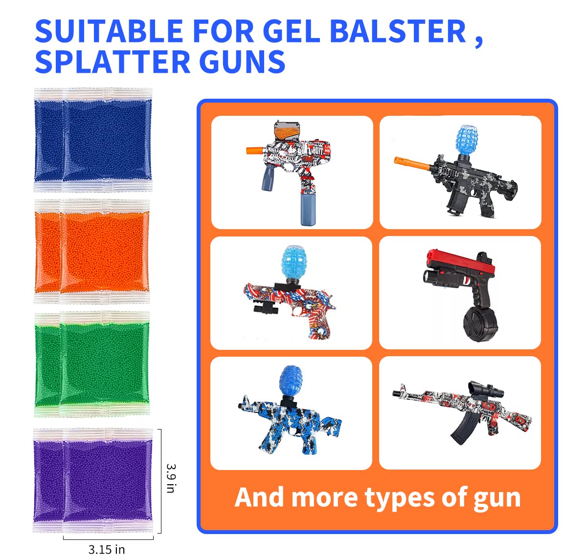 Banvih Gel Gun Blaster Refill Ammo - 7-8mm, 8Pack, 80000 Pieces, 7.5mm Splatter Water Balls Beads Bullets Compatible for Splatrball, Splat Gun, Orby Gun Etc - Blue Green Purple Orange, for Ages 14+