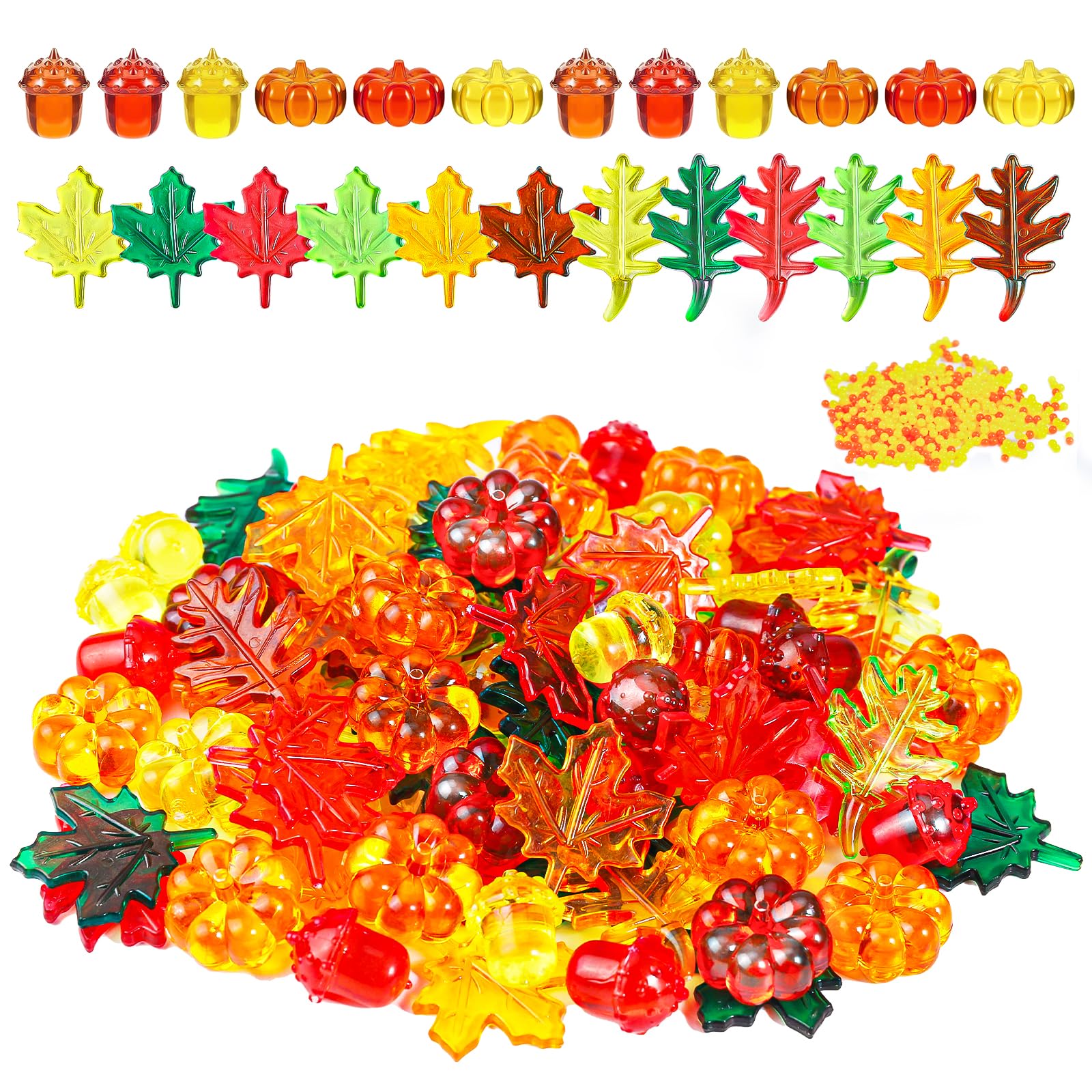 Japior Fall Vase Filler Decorations 90Pcs Acrylic Fall Leaves Pumpkin Marbles Pine Cones 510Pcs Water Beads Decor Centerpiece Table Decorations for Thanksgiving Halloween Autumn