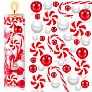 120Pcs Christmas Vase Filler, White and Red Candy Cane Pearl Beads, Christmas Filler Floating Faux Pearls for Home Table Decor