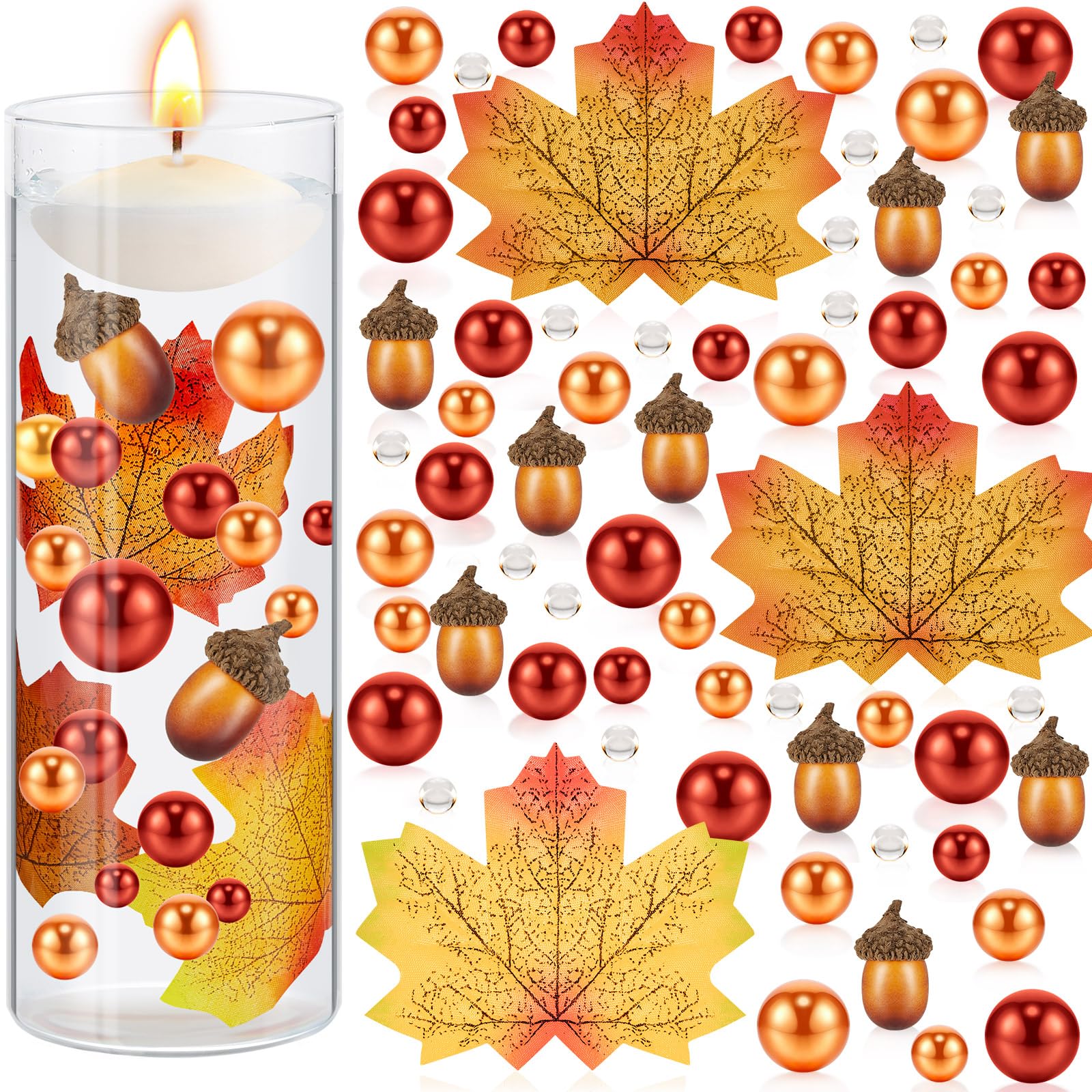 Jetec 2116 Pieces Thanksgiving Vase Filler Faux Pearl for Vase Filler Fall Vase Filler Water Gels Bead Candle Centerpiece for Thanksgiving Fall Table Party Decoration (Acorn Maple Leaf Style)