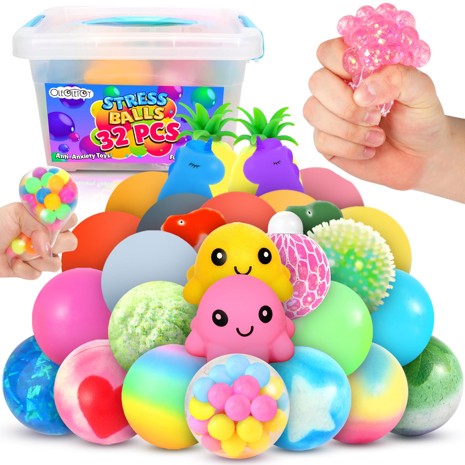 Stress Balls Squishy Fidget Toys: OleOletOy 32 Pack Stress Balls for Adults, Squishy Ball Sensory Toy with Autism, Classroom Prizes, Birthday Party Favors, Goodie Bag Stuffers, and Travel Toy Gifts