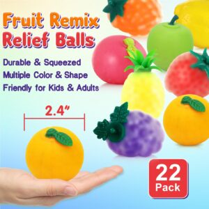 22 Pack Stress Balls Set - Fruit Sensory Toys Squishy Balls for Adults - Stress Relief Fidget Toys for Hand Thrapy, Calming Tool for Autism, Anxiety, ADHD - Party Favors, Classroom Prizes