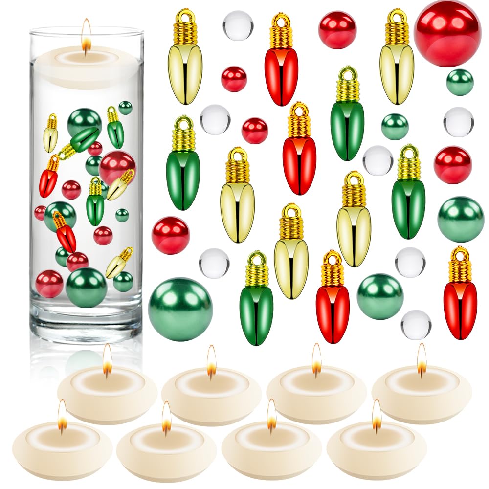 MadeTop 4114 Pcs Christmas Vase Filler Pearls for Vase Fillers Floating Candles Centerpiece with 8 Floating Candles Water Gels Beads for Christmas Home Table Party Decor(Bulb)