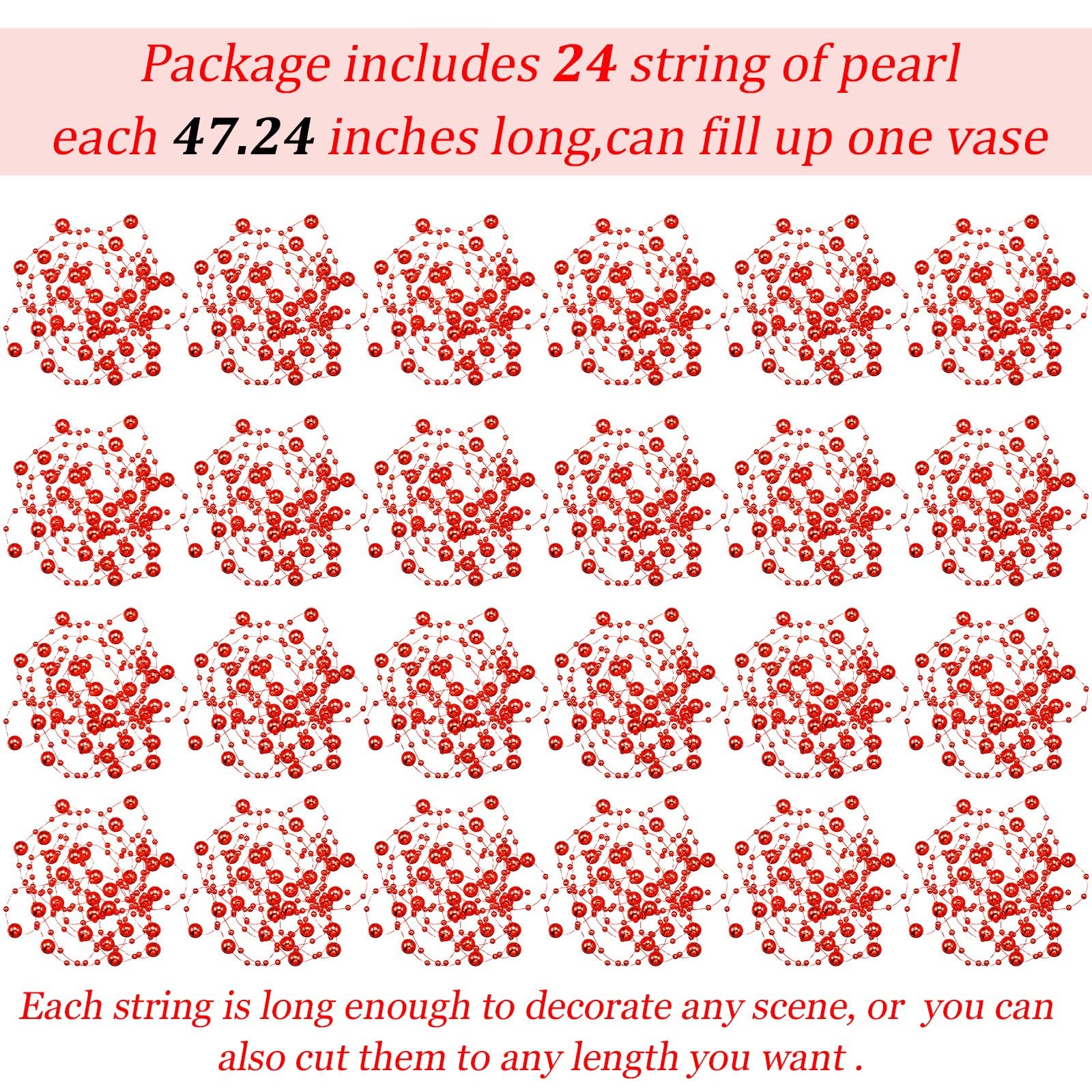 24 Pcs Artificial Pearl String for Floating Candle Faux Pearls Beads String Pearl Party Garland Decoration for Vases Filler Wedding Centerpiece Christmas Party Decor (Red)