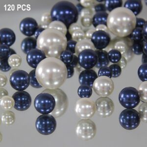 Blue Ivory Pearl Vase Fillers - 120 pcs 1 LB faux pearl beads 14mm 20mm 30mm Assorted with 8000 pcs clear water beads included for home wedding events decroation (Royal Blue, Ivory)