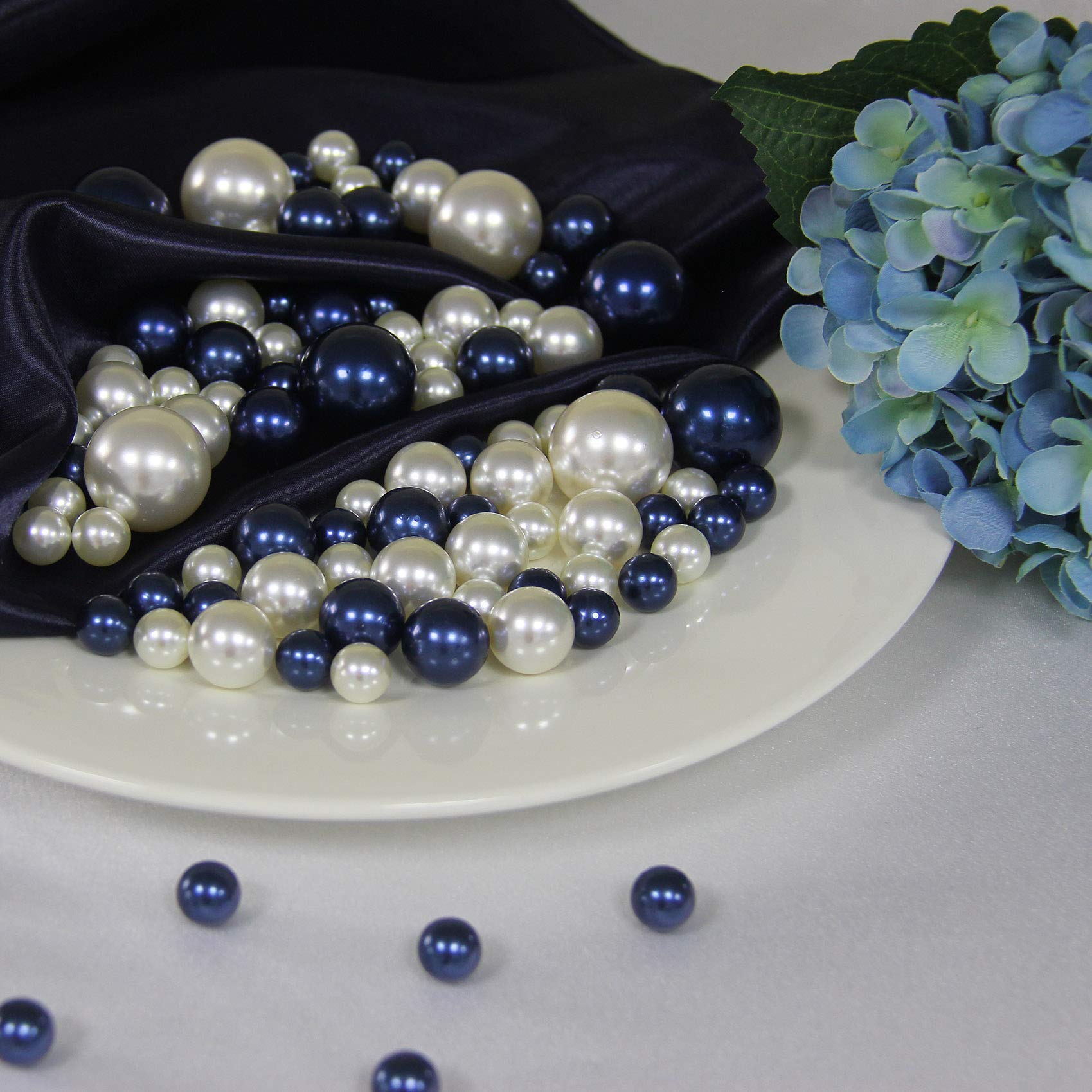 Blue Ivory Pearl Vase Fillers - 120 pcs 1 LB faux pearl beads 14mm 20mm 30mm Assorted with 8000 pcs clear water beads included for home wedding events decroation (Royal Blue, Ivory)