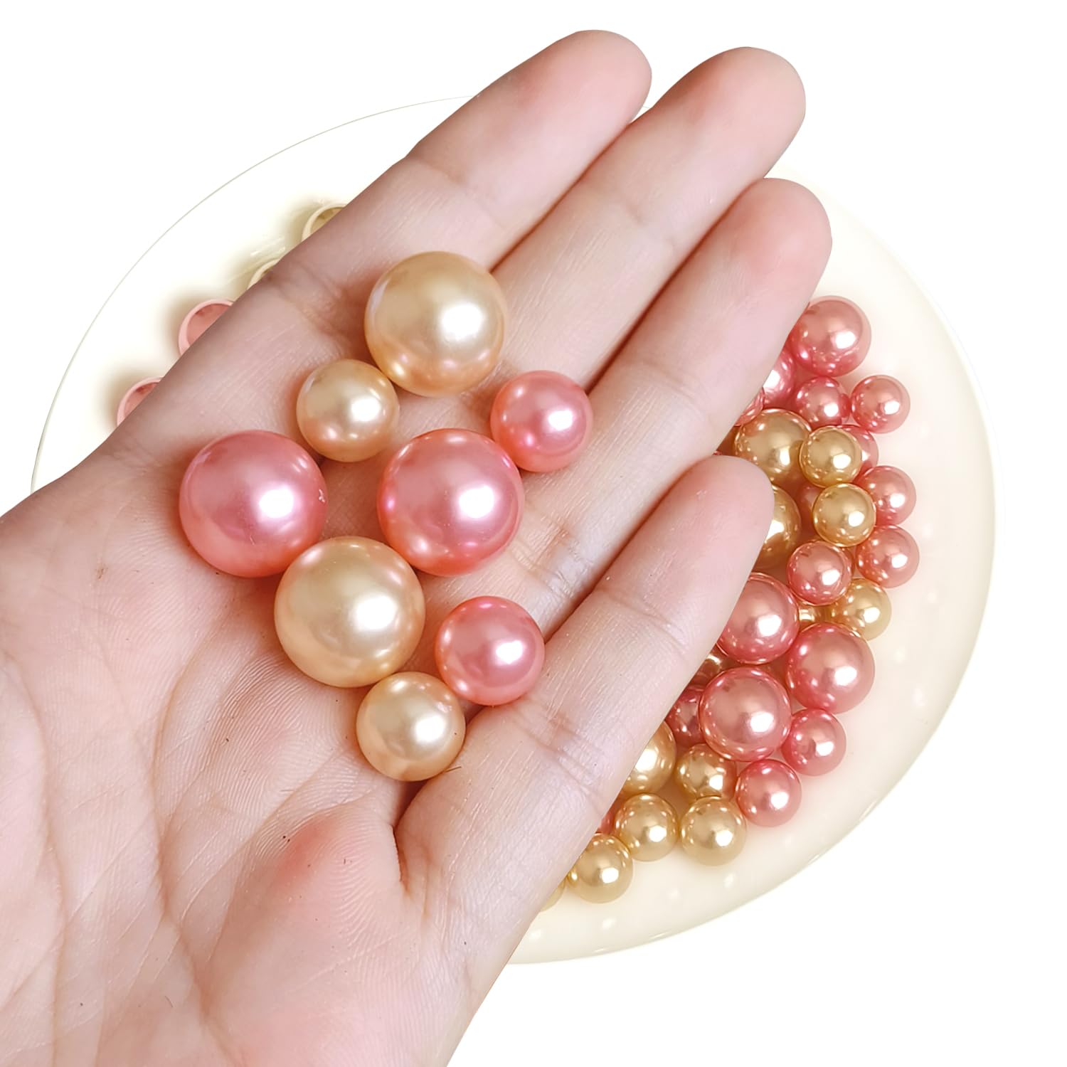 Cymtoo 140 Pieces Floating Pearls for Vase Filler Gold Pink Pearl Beads No Hole Pearls Vase Pearls Makeup Beads for Brushes Holder, Home Wedding Decor 10/14mm（Gold and Pink）