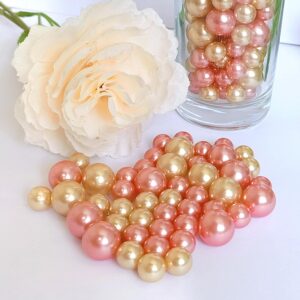 Cymtoo 140 Pieces Floating Pearls for Vase Filler Gold Pink Pearl Beads No Hole Pearls Vase Pearls Makeup Beads for Brushes Holder, Home Wedding Decor 10/14mm（Gold and Pink）