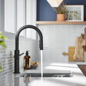 KOHLER 22972-BL Crue Pull Down Kitchen Faucet, Kitchen Sink Faucet with Pull-Down Sprayer, Pull-Down Kitchen Sink Faucet with Multi Function Spray Head, Matte Black