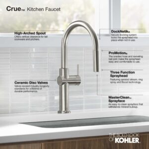 KOHLER 22972-BL Crue Pull Down Kitchen Faucet, Kitchen Sink Faucet with Pull-Down Sprayer, Pull-Down Kitchen Sink Faucet with Multi Function Spray Head, Matte Black