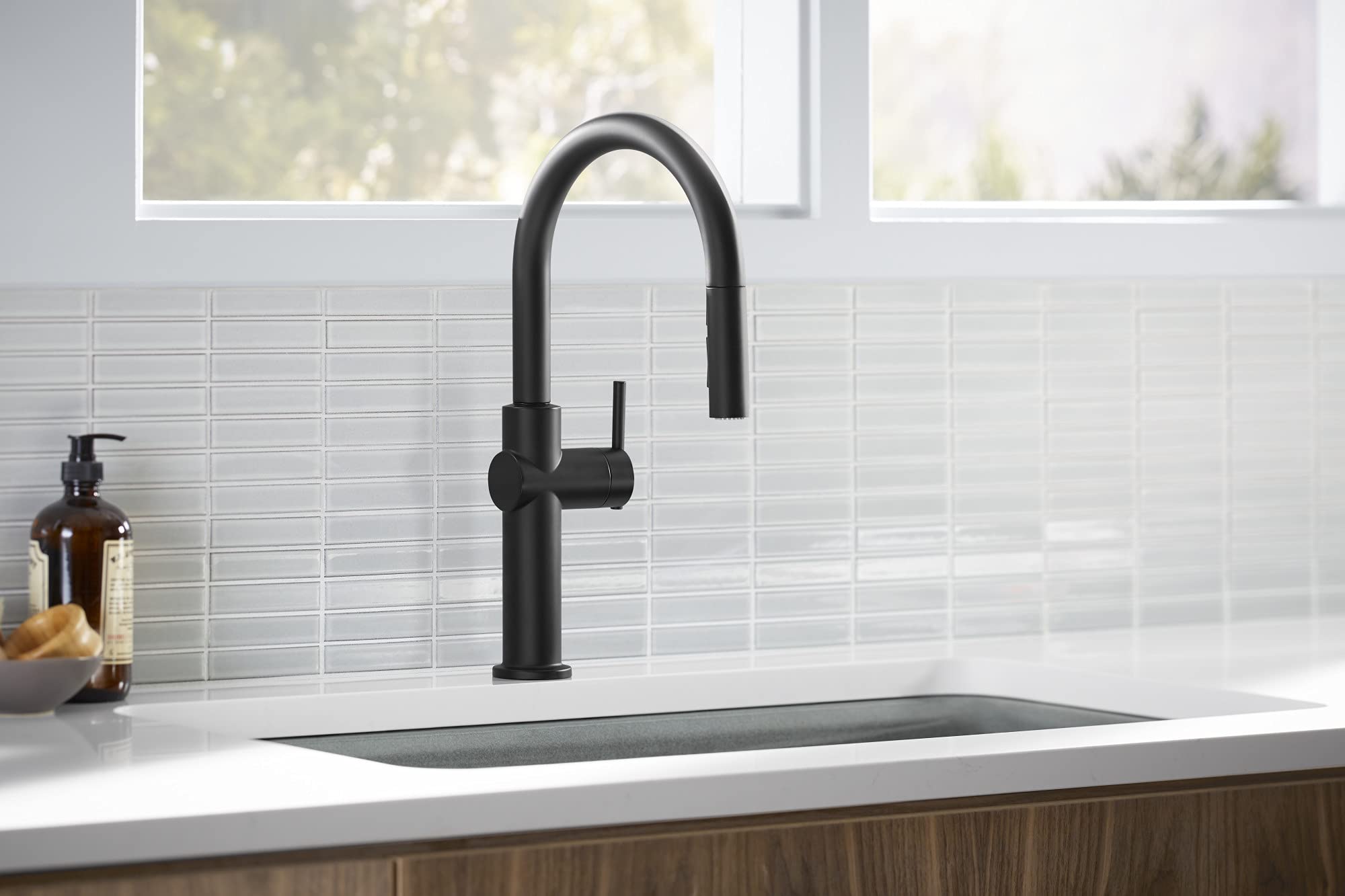 KOHLER 22972-BL Crue Pull Down Kitchen Faucet, Kitchen Sink Faucet with Pull-Down Sprayer, Pull-Down Kitchen Sink Faucet with Multi Function Spray Head, Matte Black