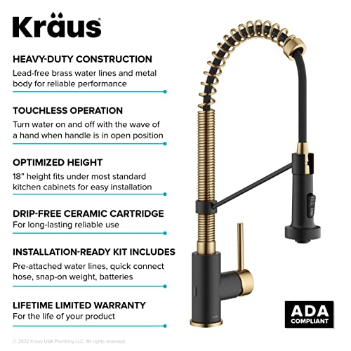 KRAUS Bolden Touchless Sensor Commercial Style 2-Function Single Handle Pull-Down Kitchen Faucet in Brushed Brass / Matte Black, KSF-1610BBMB