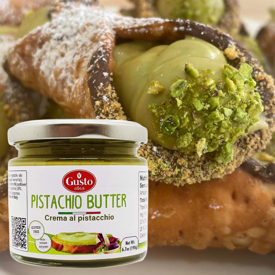 Pistachio Nut Butter, 6.7 oz (190g) Sweet Sicilian Pistachio Cream Spread, Italian Pistachio Paste, Product of Sicily, Italy, No GMO, Gusto ETNA