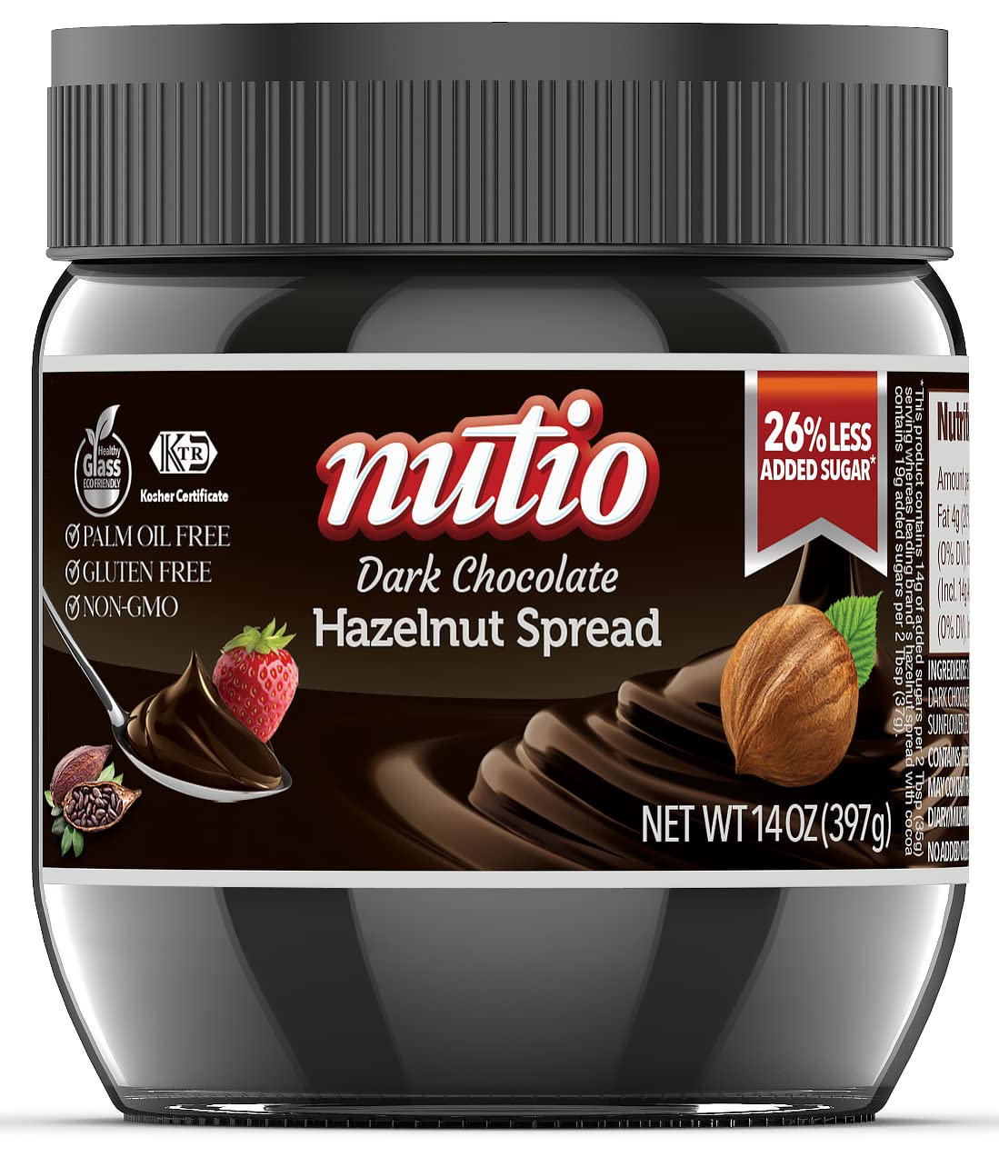 Nutio Dark Chocolate Hazelnut Spread - 26% Less Added Sugar, Palm Oil Free, Gluten Free, Non-GMO - 14 oz Glass Jar