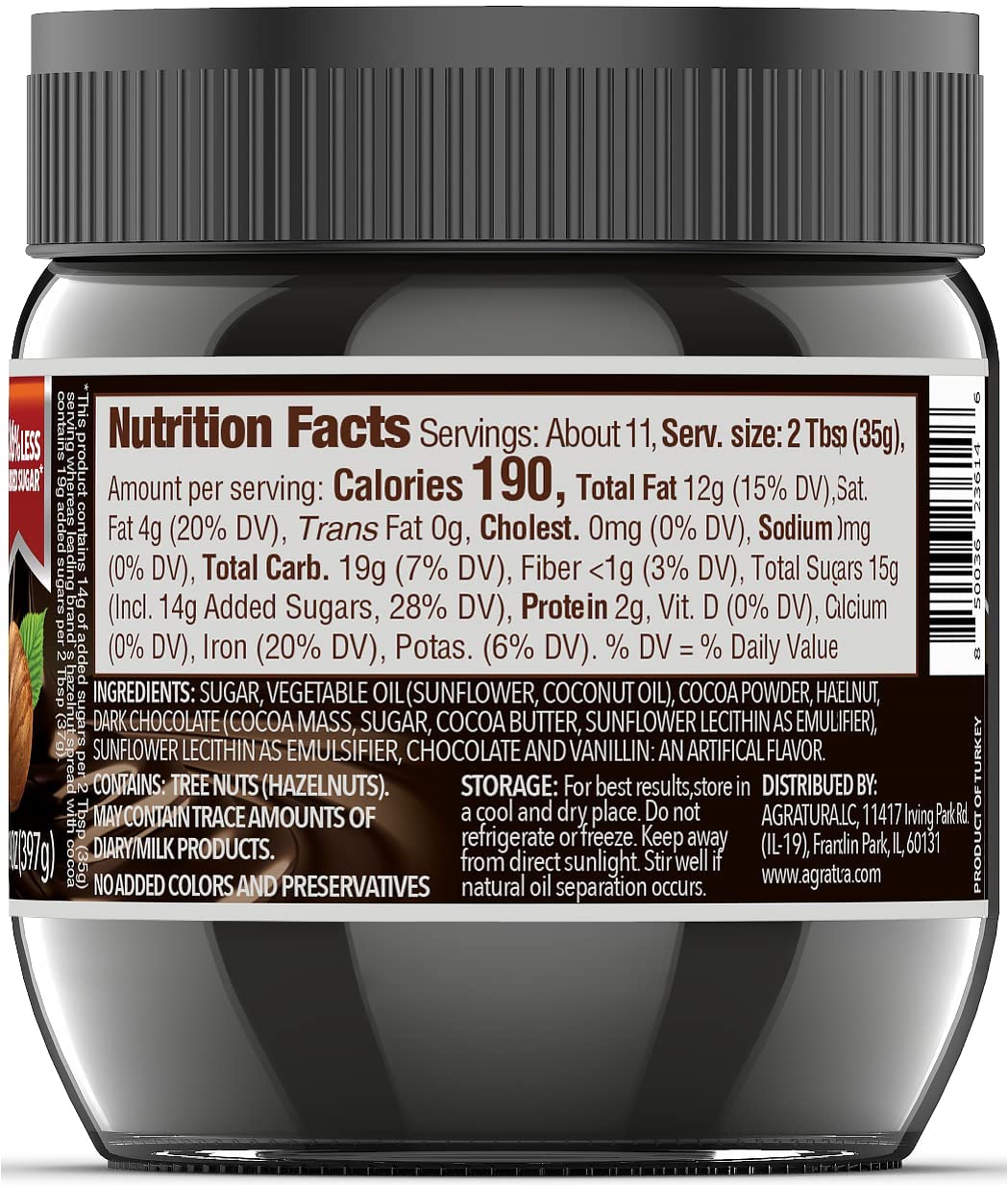 Nutio Dark Chocolate Hazelnut Spread - 26% Less Added Sugar, Palm Oil Free, Gluten Free, Non-GMO - 14 oz Glass Jar