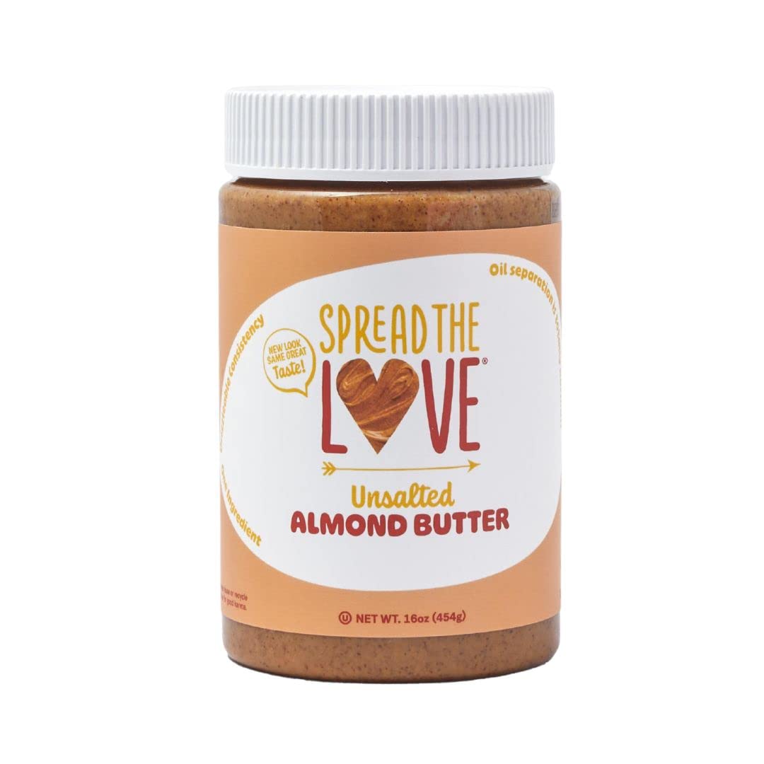 Spread The Love UNSALTED Almond Butter, 16 Ounce (All Natural, Vegan, Gluten-free, Creamy, No added salt, No added sugar, No palm fruit oil, Not pasteurized with PPO)