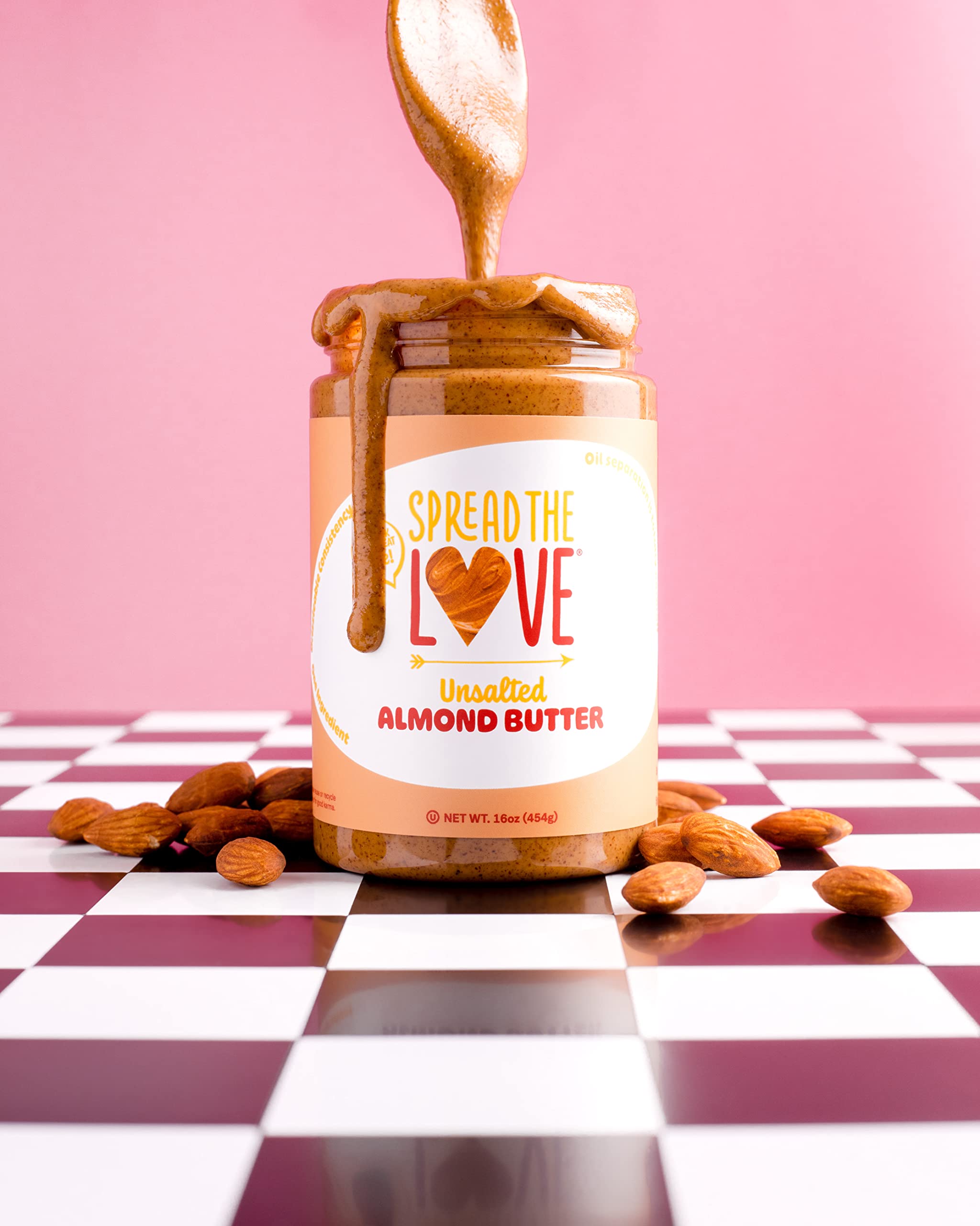 Spread The Love UNSALTED Almond Butter, 16 Ounce (All Natural, Vegan, Gluten-free, Creamy, No added salt, No added sugar, No palm fruit oil, Not pasteurized with PPO)