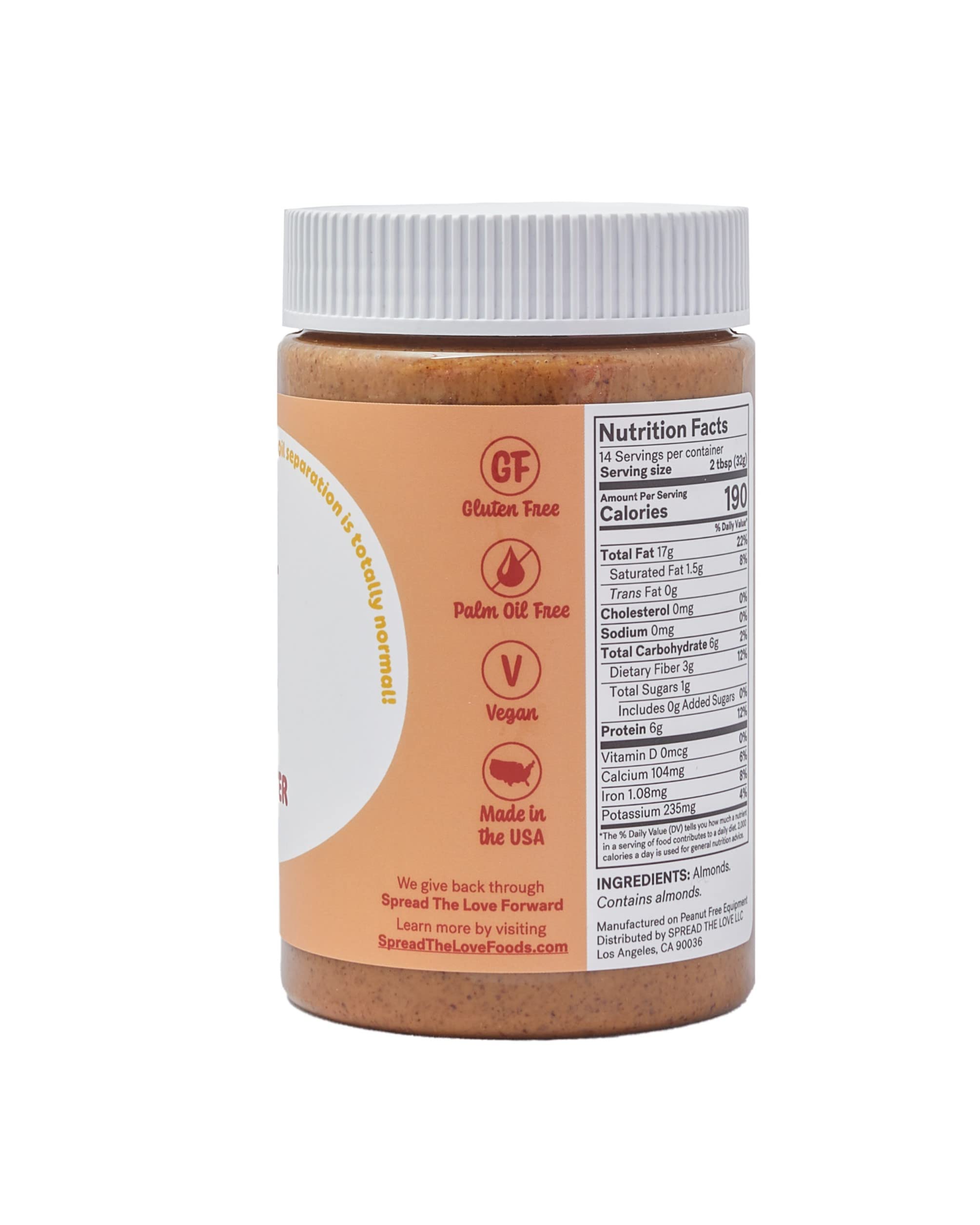 Spread The Love UNSALTED Almond Butter, 16 Ounce (All Natural, Vegan, Gluten-free, Creamy, No added salt, No added sugar, No palm fruit oil, Not pasteurized with PPO)