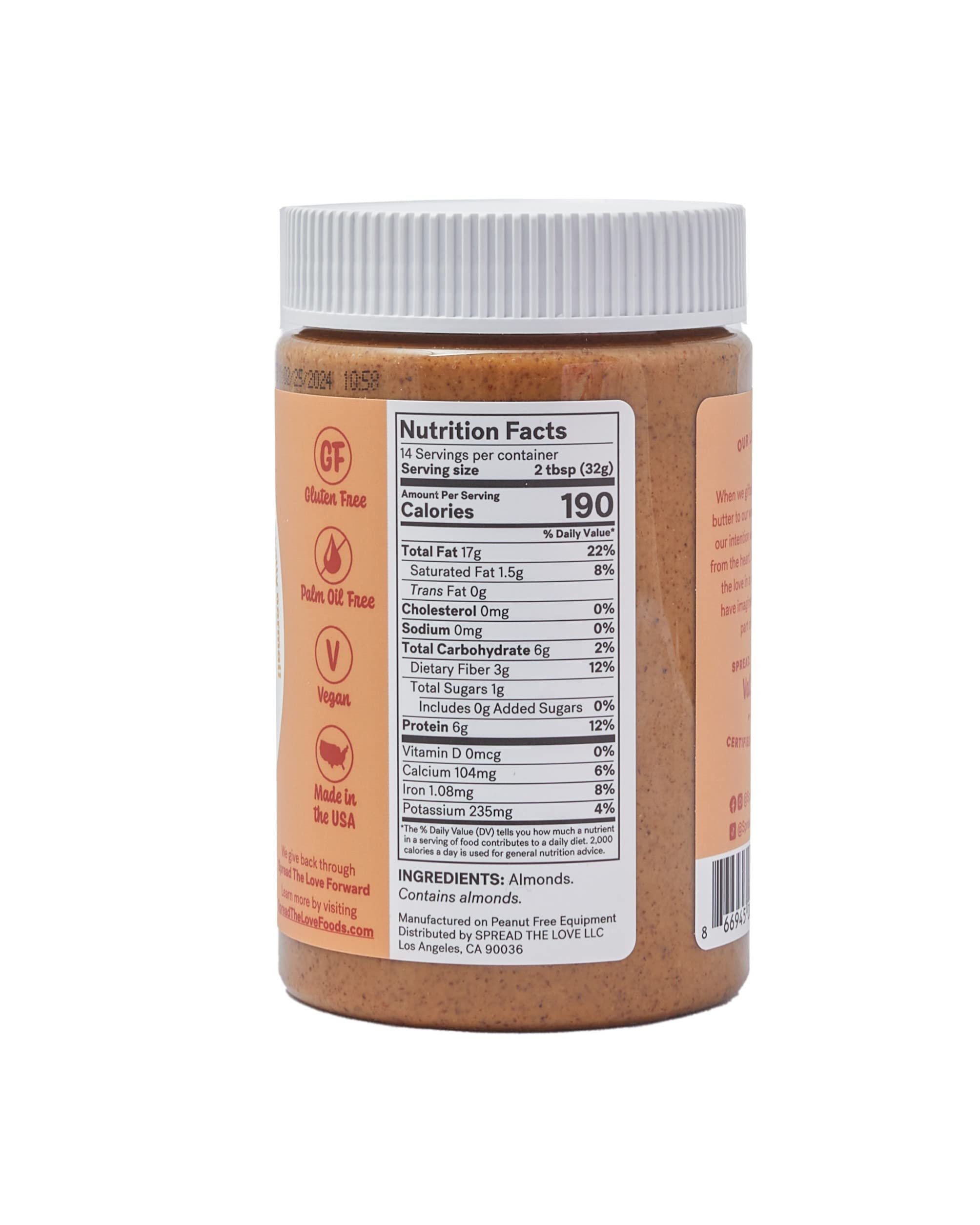 Spread The Love UNSALTED Almond Butter, 16 Ounce (All Natural, Vegan, Gluten-free, Creamy, No added salt, No added sugar, No palm fruit oil, Not pasteurized with PPO)