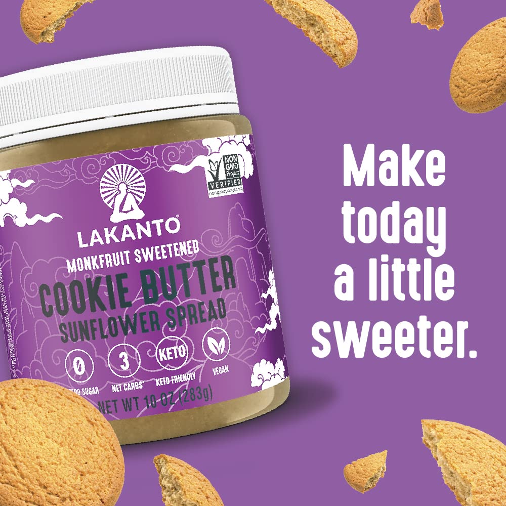 Lakanto Sugar Free Cookie Butter Sunflower Spread - Sweetened with Monk Fruit Sweetener, Keto Diet Friendly, 3 Net Carbs, Vegan, Non GMO, Sandwiches, Toast, Smoothies, Cereal, Oatmeal, More - 10 oz