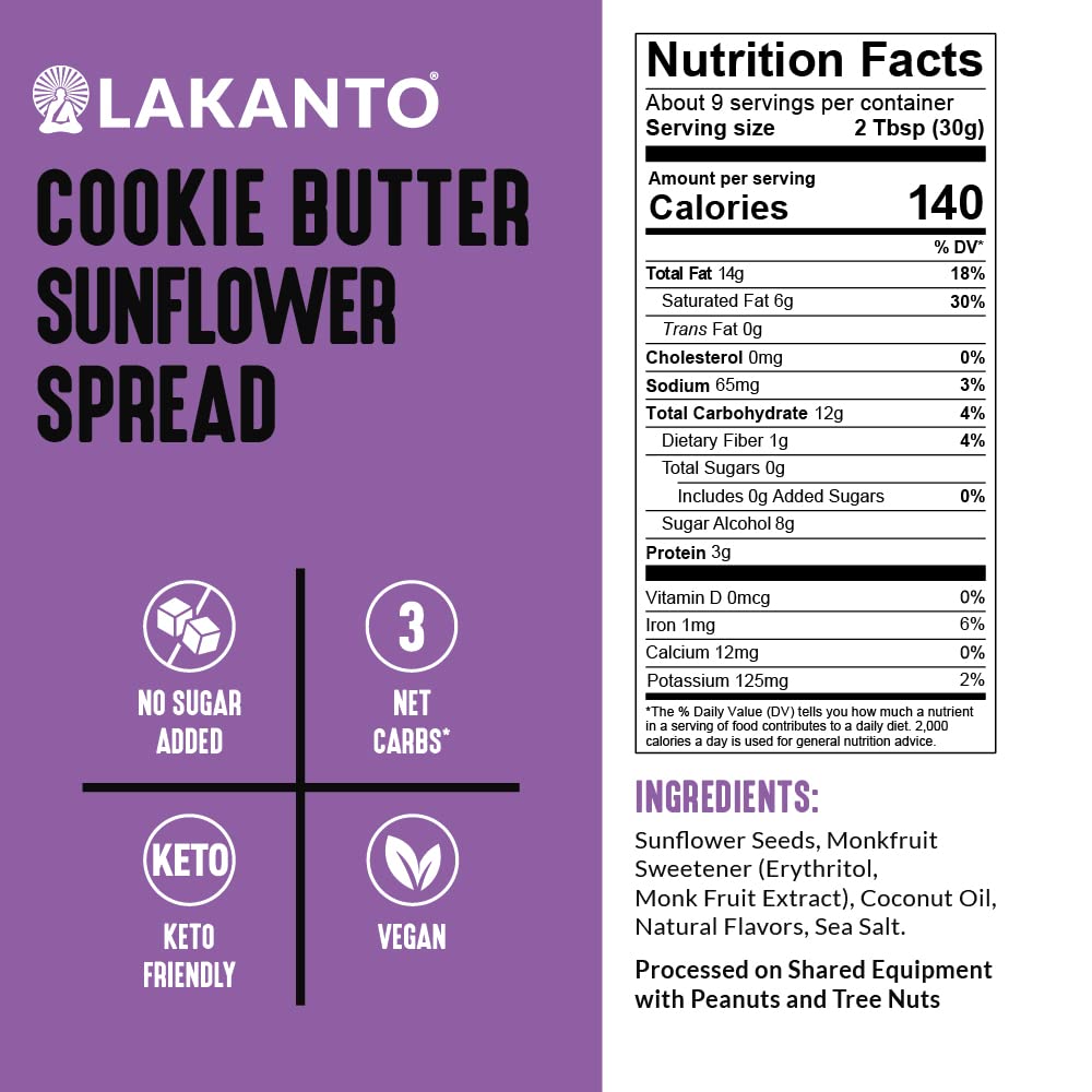 Lakanto Sugar Free Cookie Butter Sunflower Spread - Sweetened with Monk Fruit Sweetener, Keto Diet Friendly, 3 Net Carbs, Vegan, Non GMO, Sandwiches, Toast, Smoothies, Cereal, Oatmeal, More - 10 oz