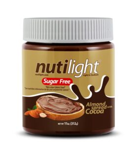 nutilight, sugar free/no sugar added/protein+, hazelnut/almond spread, keto and diabetic friendly, low net carb, non-gmo, gluten free, naturally sweetened with stevia. (almond spread with cocoa)