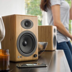 Audioengine A5 Powered Wired Bamboo Bookshelf Speakers - 150W Stereo Speakers for Home, Studio