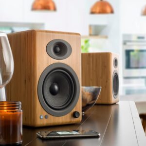 Audioengine A5 Powered Wired Bamboo Bookshelf Speakers - 150W Stereo Speakers for Home, Studio