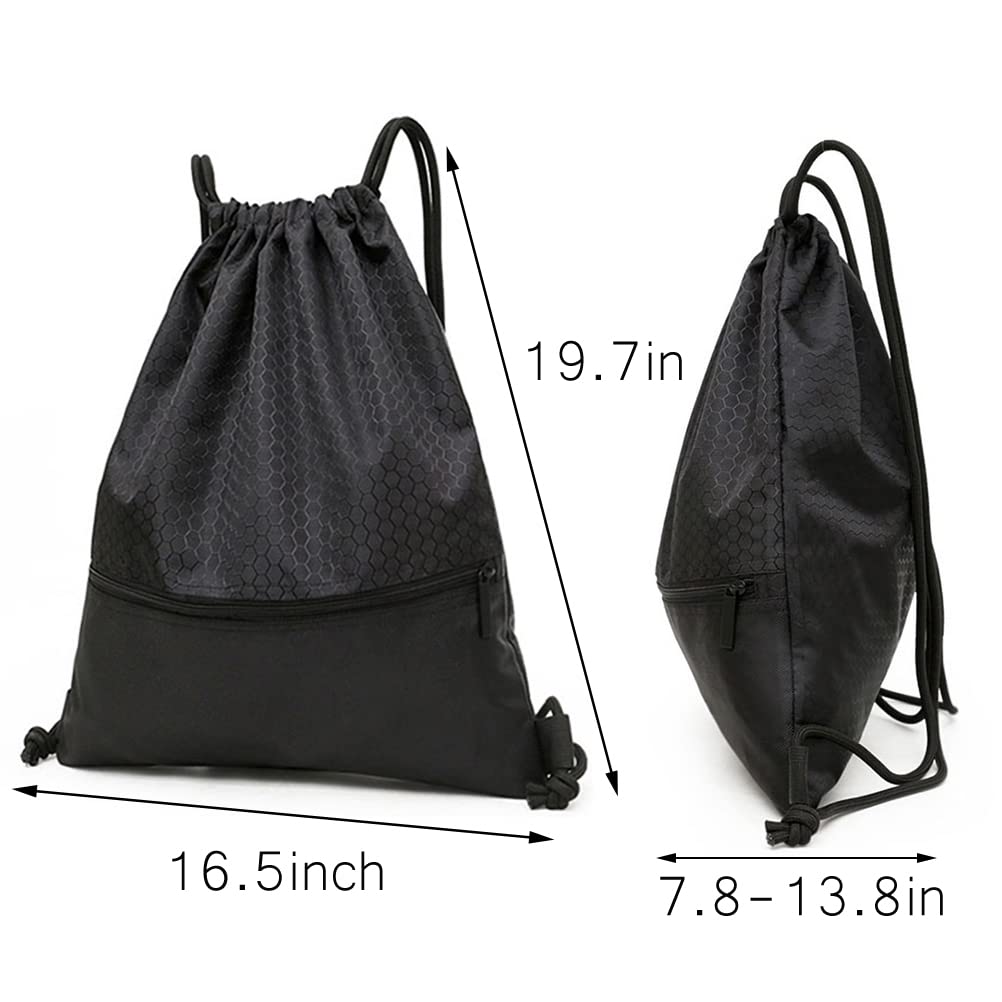 Drawstring Backpack Bag, Waterproof Draw String Back Sack with Zip Pocket, Gym Drawstring Bags Swim Bag for Men Women (Black, Upgraded) One Size