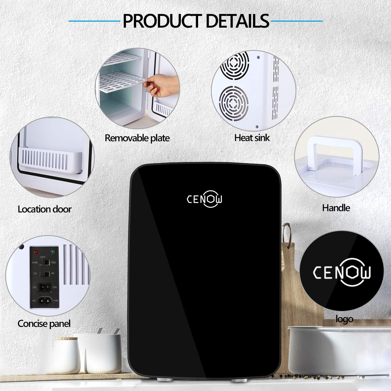 Cenow Mini Fridge for Bedroom, 10 Liter/12 Can Rapid Cooling Skincare Fridge for Cosmetics, Foods and Drinks, Portable Mini Refrigerator with AC/DC for Home, Office, Car (Black)