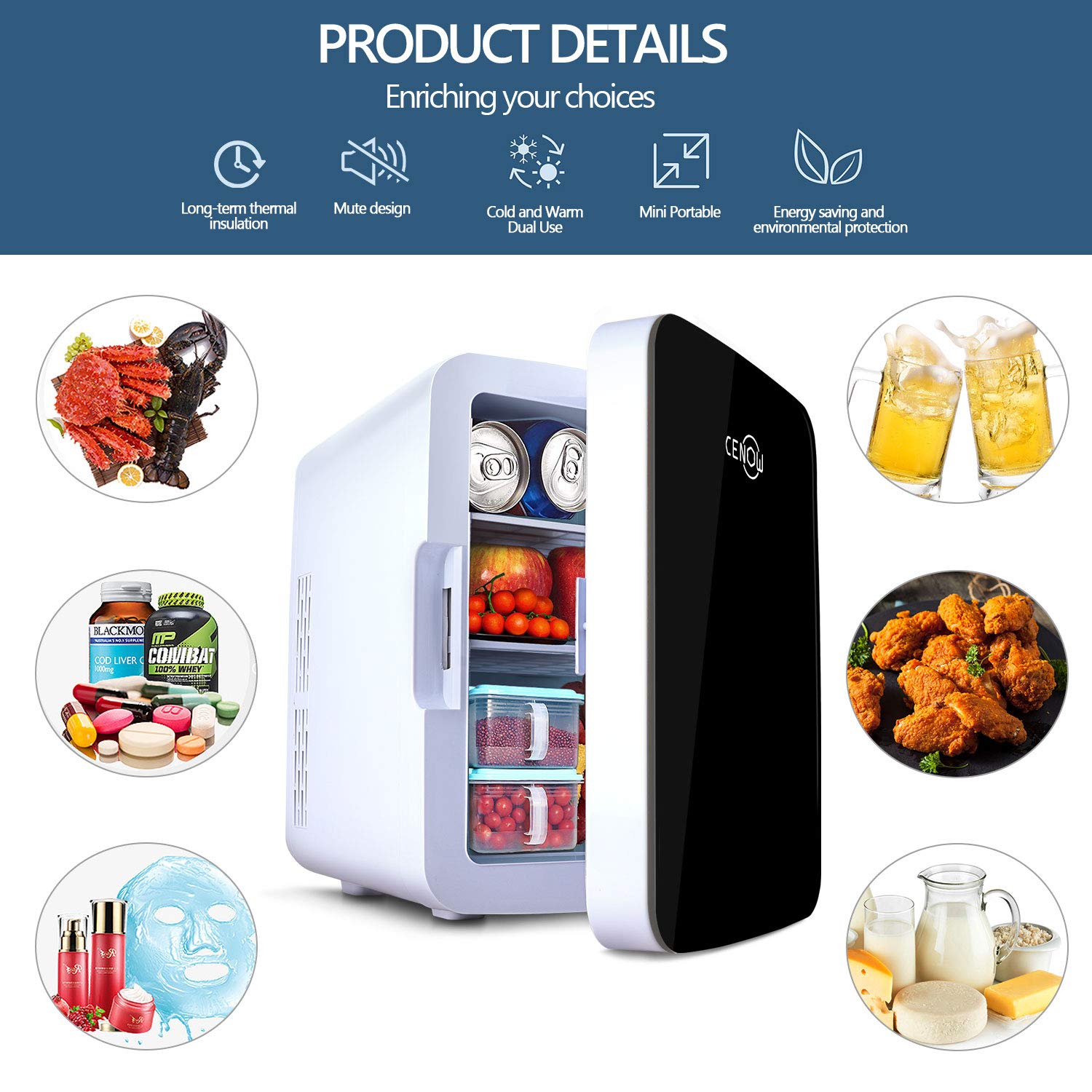 Cenow Mini Fridge for Bedroom, 10 Liter/12 Can Rapid Cooling Skincare Fridge for Cosmetics, Foods and Drinks, Portable Mini Refrigerator with AC/DC for Home, Office, Car (Black)