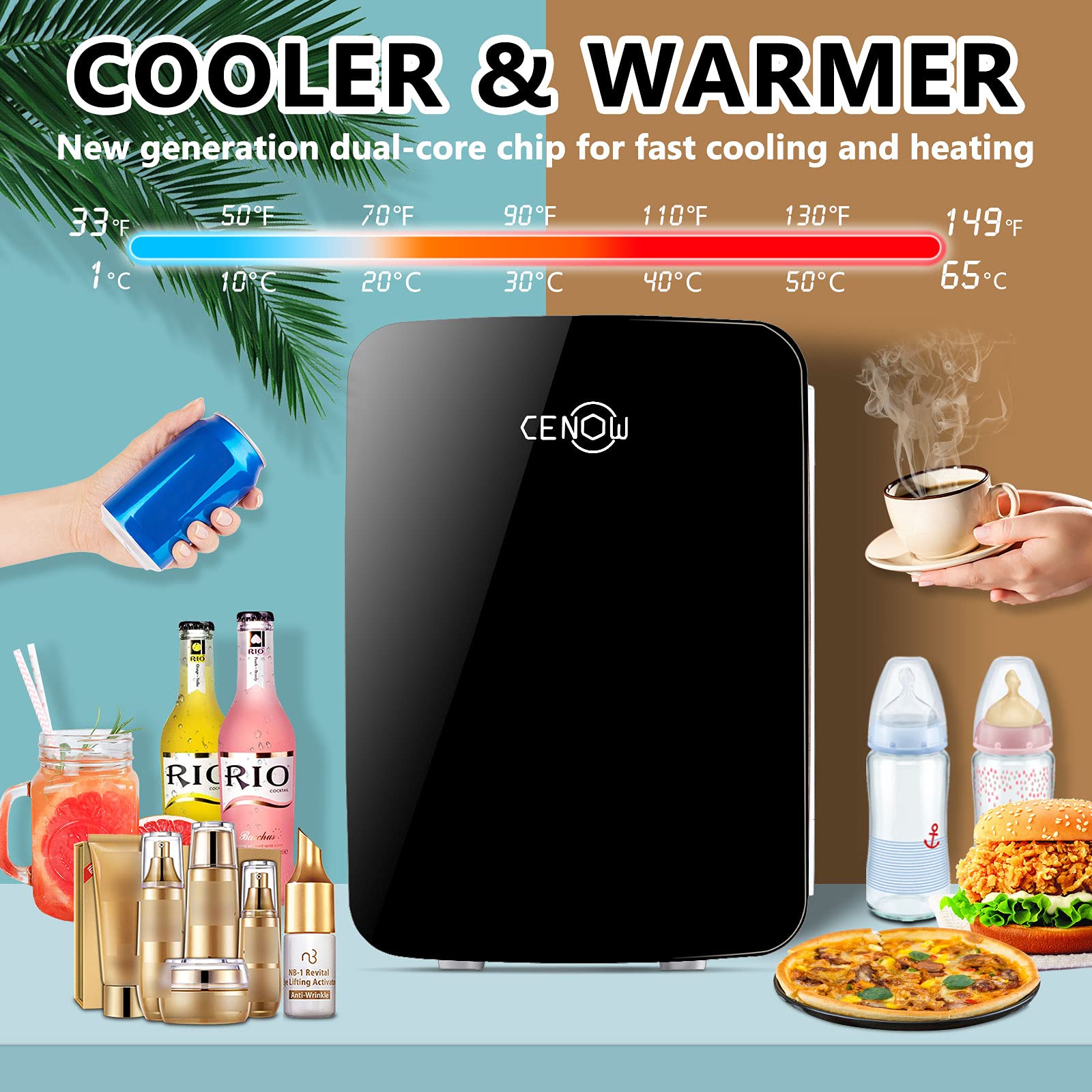 Cenow Mini Fridge for Bedroom, 10 Liter/12 Can Rapid Cooling Skincare Fridge for Cosmetics, Foods and Drinks, Portable Mini Refrigerator with AC/DC for Home, Office, Car (Black)