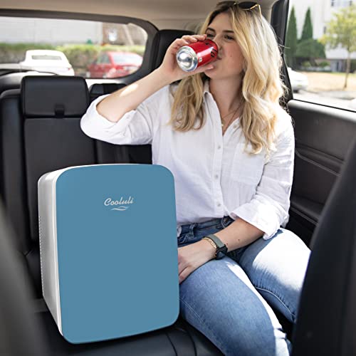 Cooluli 15L Mini Fridge for Bedroom - Car, Office Desk & College Dorm Room - 12v Portable Cooler & Warmer for Food, Drinks, Skincare, Beauty & Makeup - AC/DC Small Refrigerator with Glass Front, Blue