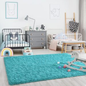 Ompaa Teal Blue 8x10 Feet Large Area Rugs Fluffy Living Room Carpet, Wall to Wall Big Shag Turquoise Rug for Bedroom Kids Playroom Classroom Nursery Home Office Decor