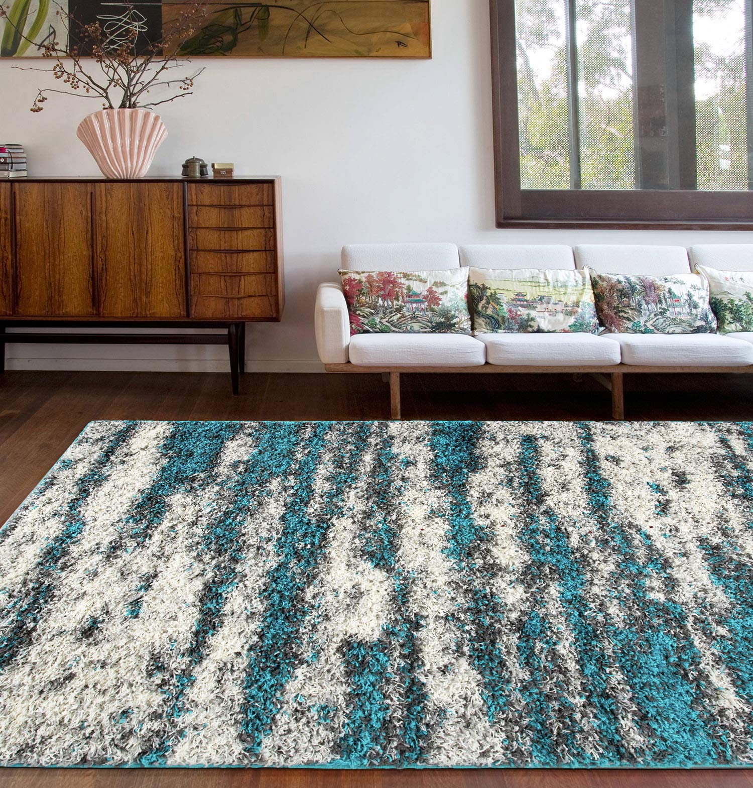 Rugshop Contemporary Abstract Design Plush Shag Area Rug 7'10" x 10' Turquoise