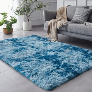 TABAYON 8 x 10 Feet Shag Area Rugs, Ultra Soft Indoor Modern Nursery Rug, Tie-Dyed Dark Blue Plush Shaggy Throw Carpets for Boy and Girls Room Dorm Living Room