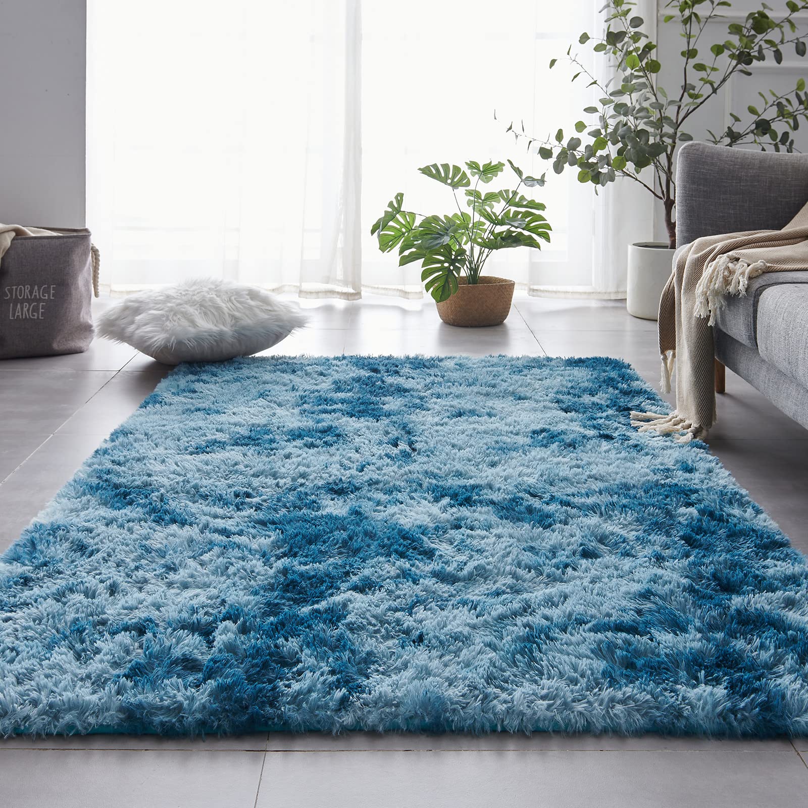 TABAYON 8 x 10 Feet Shag Area Rugs, Ultra Soft Indoor Modern Nursery Rug, Tie-Dyed Dark Blue Plush Shaggy Throw Carpets for Boy and Girls Room Dorm Living Room