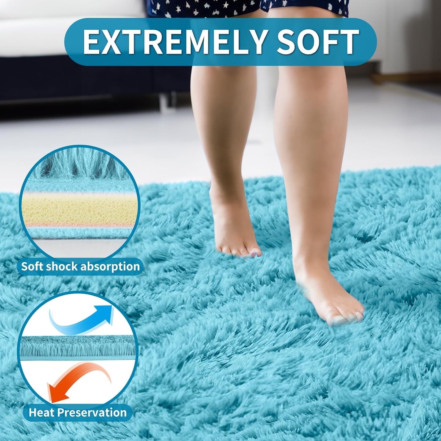 Merelax Soft Modern Indoor Large Shaggy Rug for Livingroom Bedroom Dorm Kids Room Home Decorative, Non-Slip Plush Fluffy Furry Fur Area Rugs Comfy Nursery Accent Floor Carpet 8x10 Feet, Teal Blue