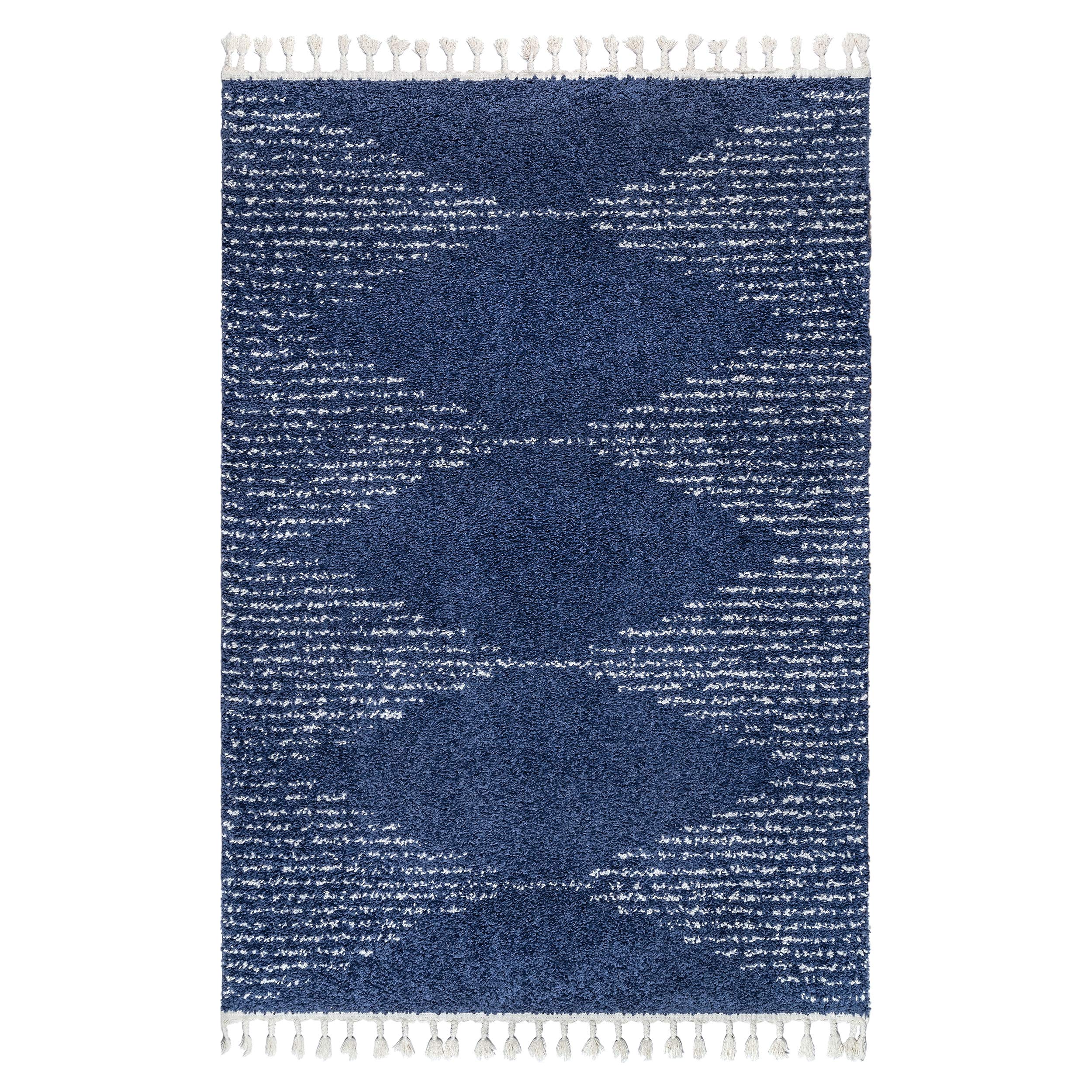 nuLOOM Bria Moroccan Shag Tasseled Area Rug - 5x8 Shag Area Rug Modern/Contemporary Blue/Ivory Rugs for Living Room Bedroom Dining Room Nursery