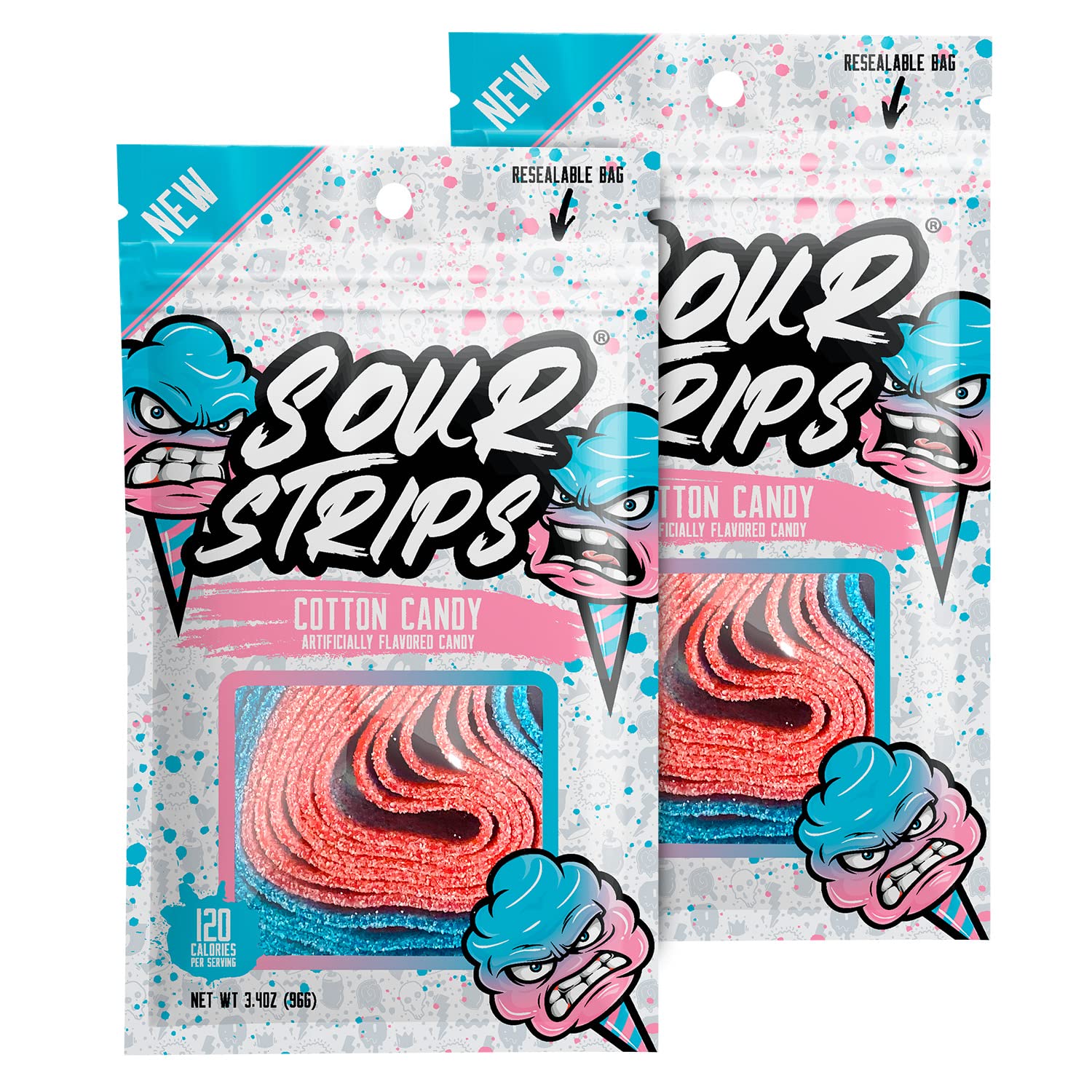 SOUR STRIPS Cotton Candy Flavored | Deliciously Chewy Belts Vegetarian Candies, 12 per Pack, 2 Pack