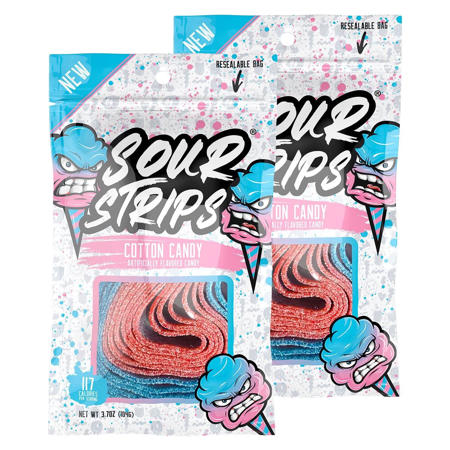 SOUR STRIPS Cotton Candy Flavored | Deliciously Chewy Belts Vegetarian Candies, 12 per Pack, 2 Pack