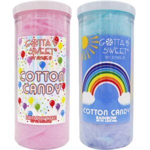 gotta b sweet cotton candy variety pack - rainbow and birthday cake - 4.5 oz jars - 2 pack - blue, pink, yellow, white and purple - blue raspberry, strawberry, lemon, grape and birthday cake flavors