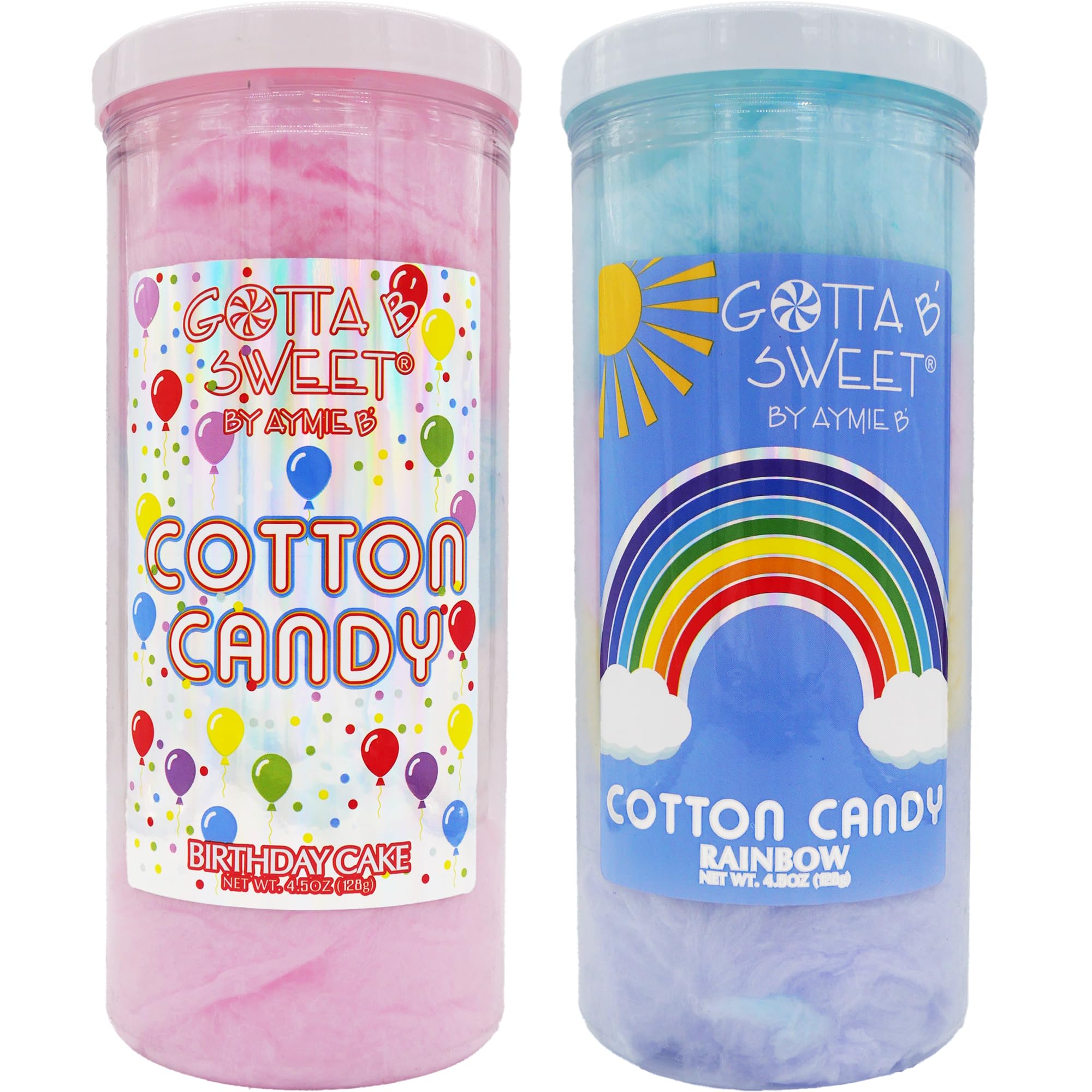 Gotta B Sweet Cotton Candy Variety Pack - Rainbow and Birthday Cake - 4.5 oz Jars - 2 Pack - Blue, Pink, Yellow, White and Purple - Blue Raspberry, Strawberry, Lemon, Grape and Birthday Cake Flavors